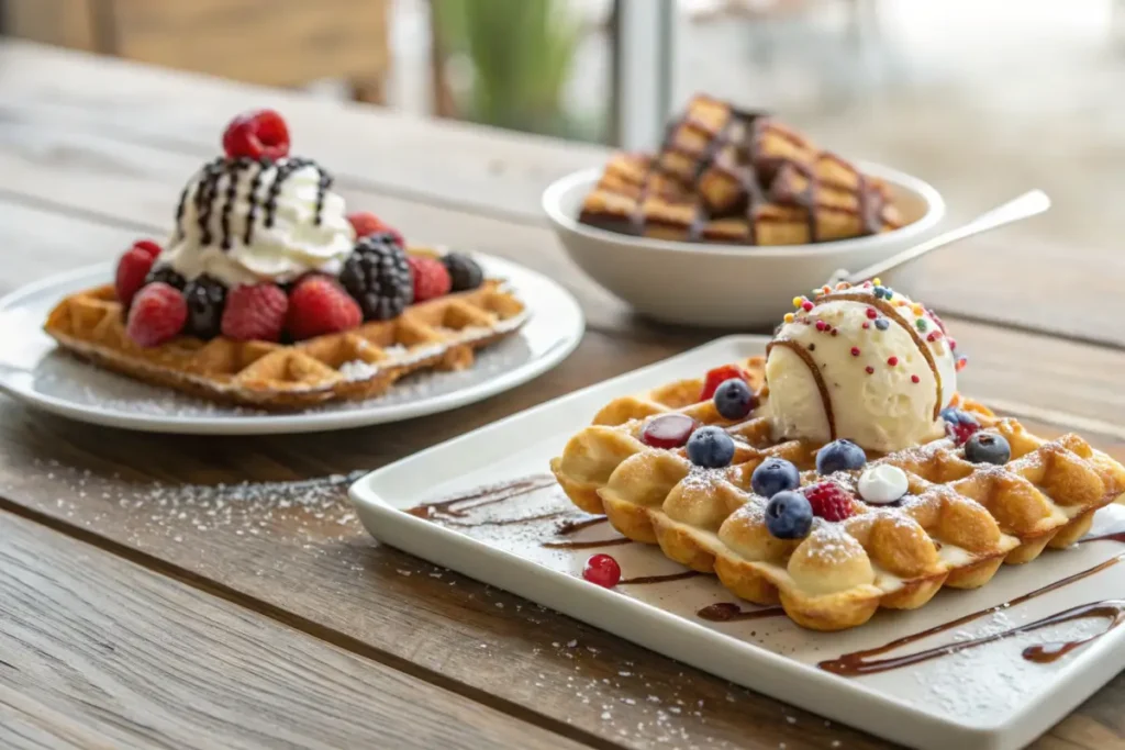 Bubble waffle and regular waffle comparison on a rustic table.