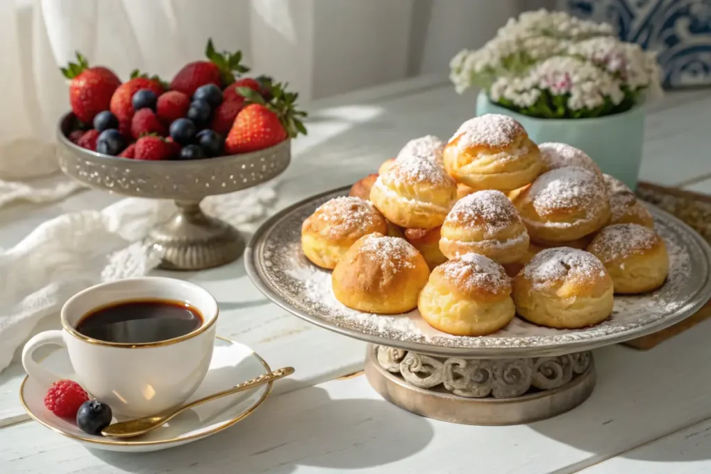 Golden cream puffs thawing on a decorative platter.