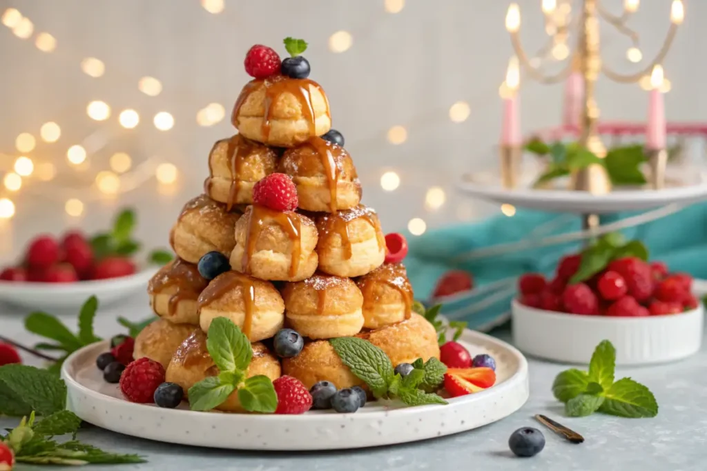 Croquembouche tower made from stacked Frozen Cream Puffs.