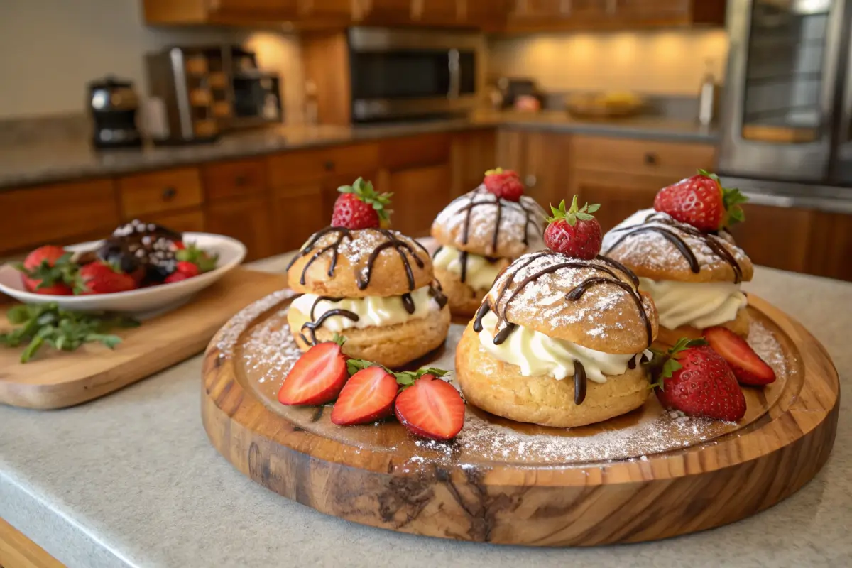 Thawed Costco cream puffs with chocolate drizzle and strawberries.