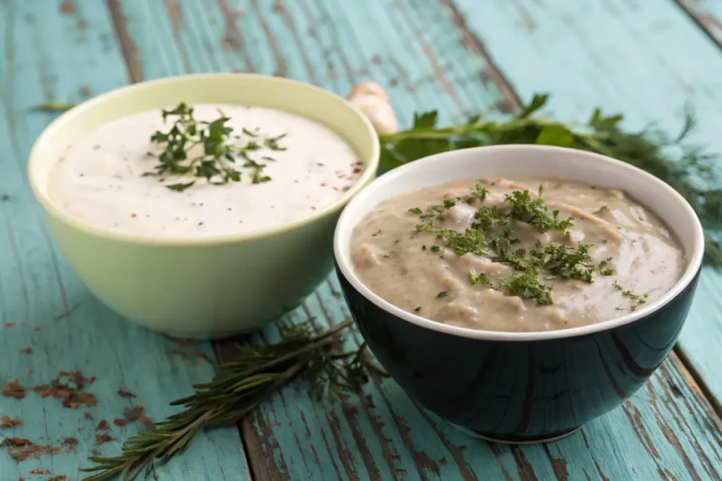 Comparison of white gravy and country gravy in bowls.