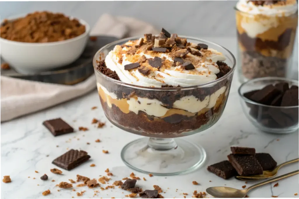 Brownie trifle layered with whipped cream and caramel