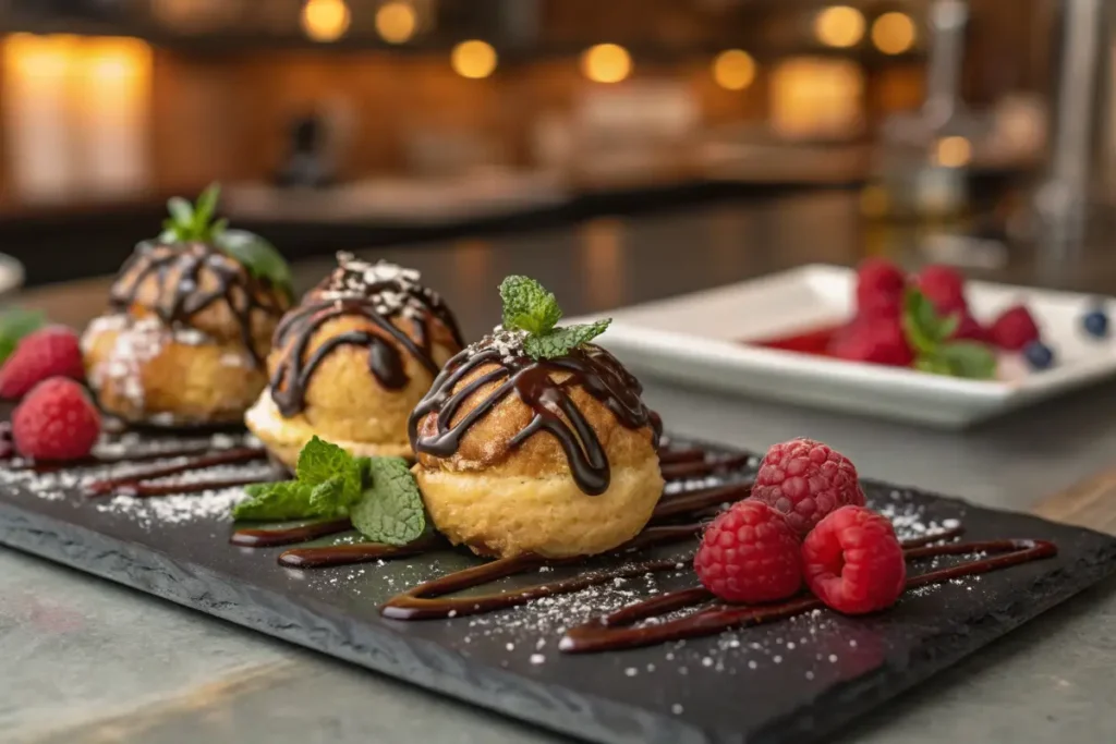 Gourmet cream puff dessert with chocolate drizzle and berries