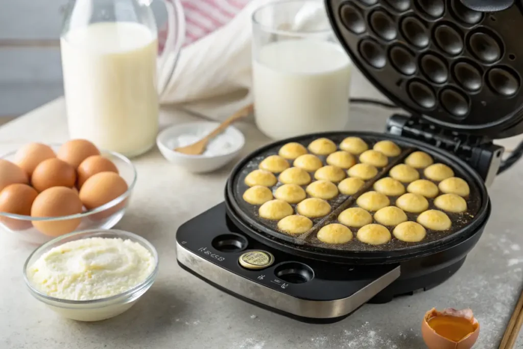 Bubble waffle iron with golden batter cooking.