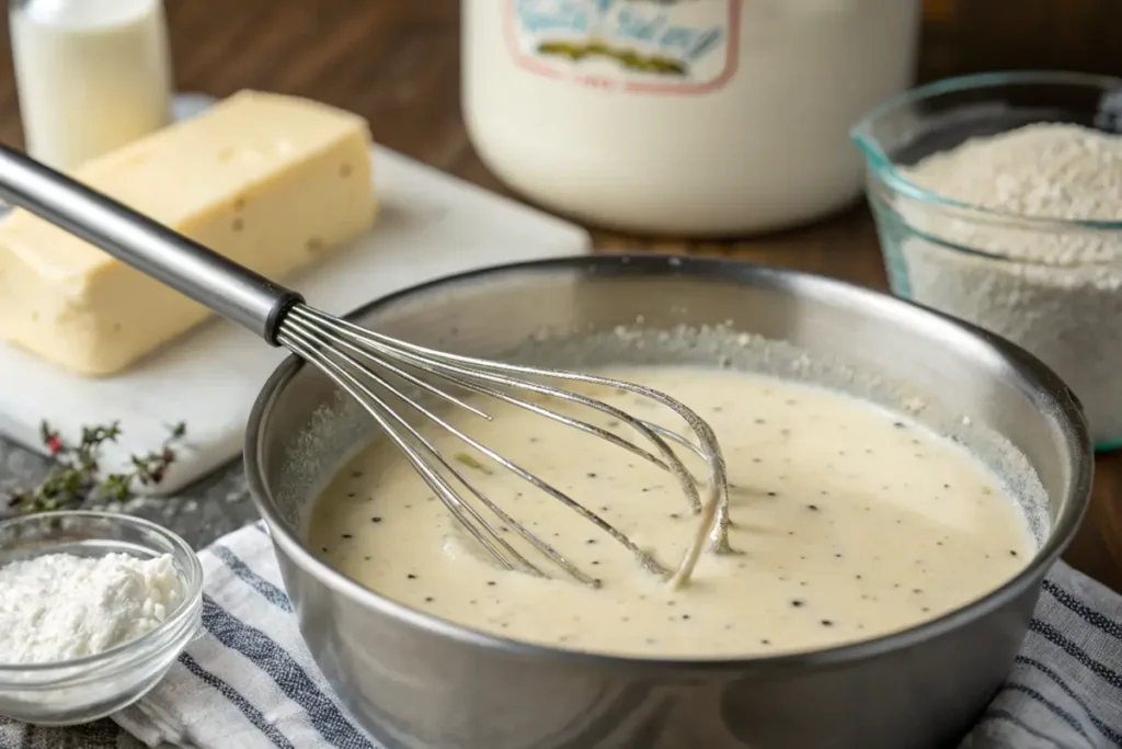 Whisk stirring creamy white gravy in a saucepan.