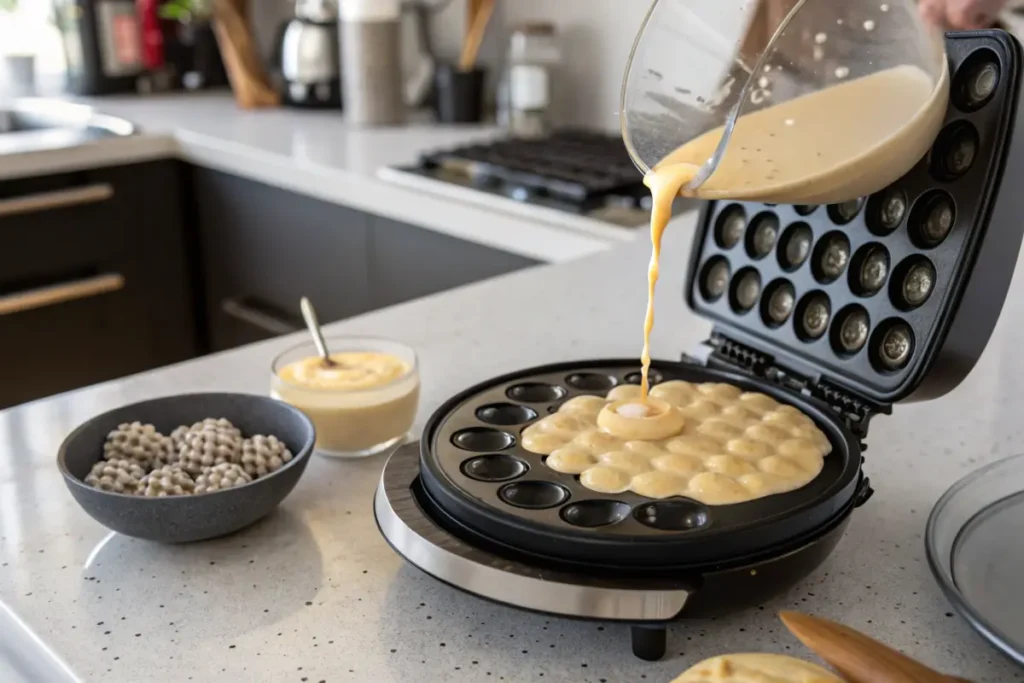 Bubble waffle batter being poured into a waffle maker.