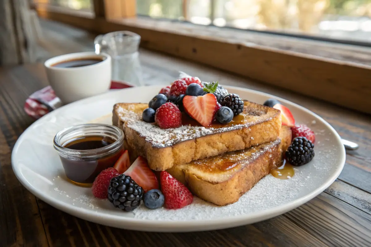 Golden French toast with berries and syrup on a rustic table.