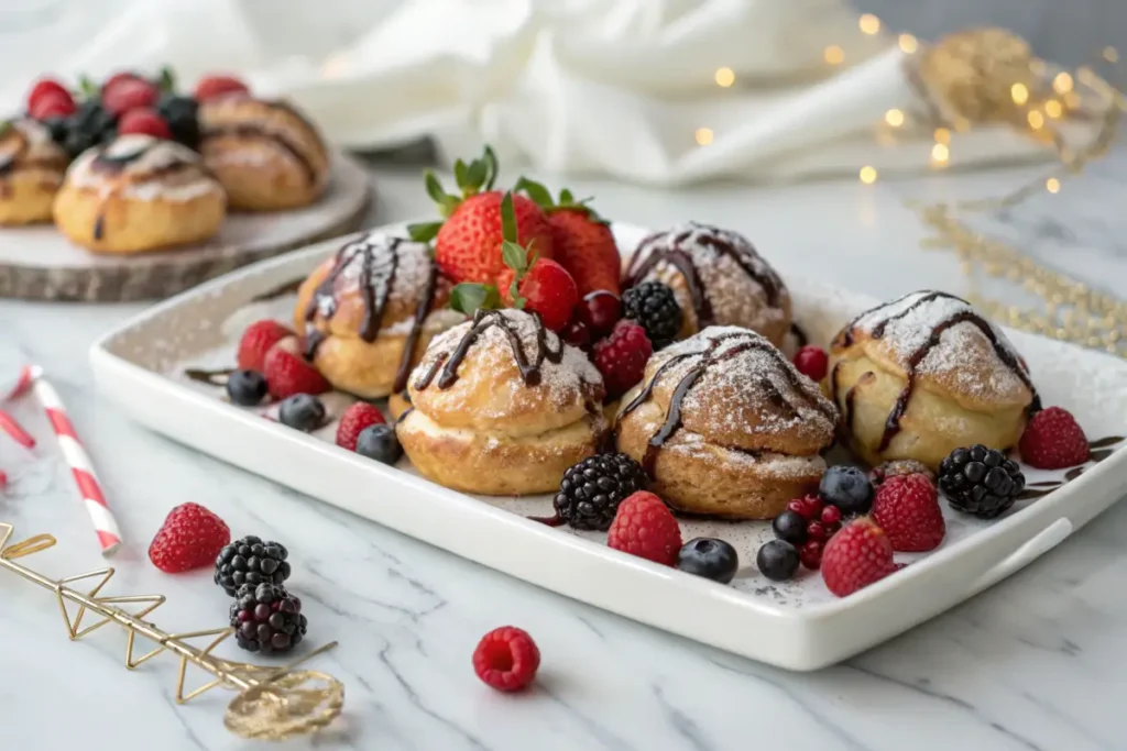 Platter of Costco cream puffs with powdered sugar and berries.