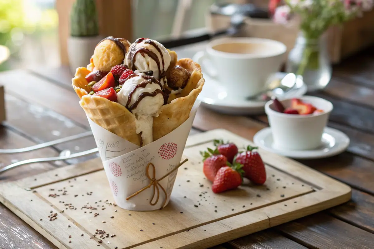 Freshly cooked bubble waffle with ice cream and toppings.