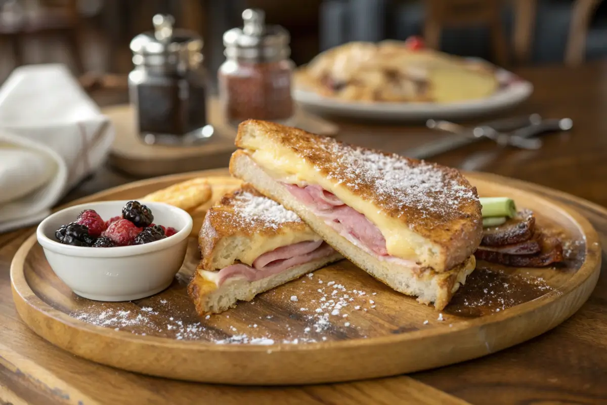 Golden-brown Monte Cristo sandwich with preserves.