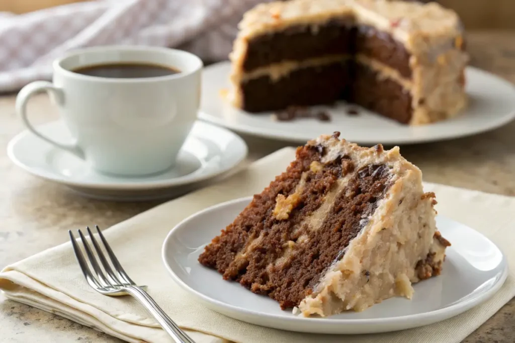 A slice of German chocolate cake served on a white plate with a fork.