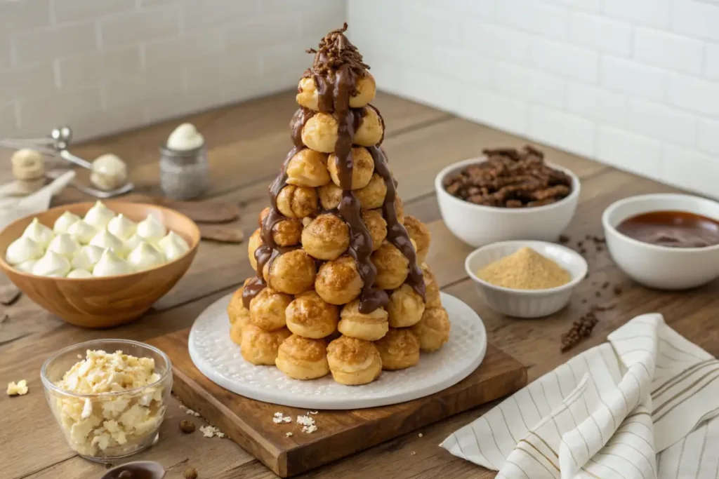 Step-by-step assembly of a croquembouche tower with cream puffs.