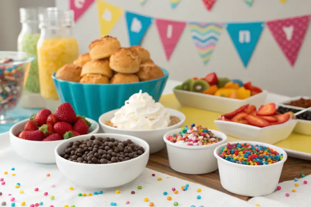 DIY dessert bar with toppings and Costco cream puffs.