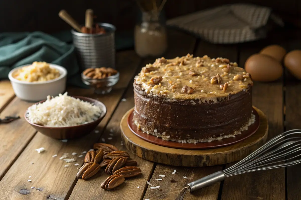 A frosted German chocolate cake with coconut-pecan topping on a rustic table.