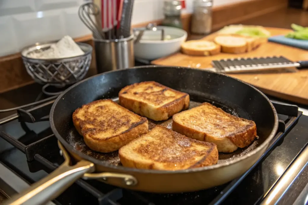 French toast slices cooking in a skillet