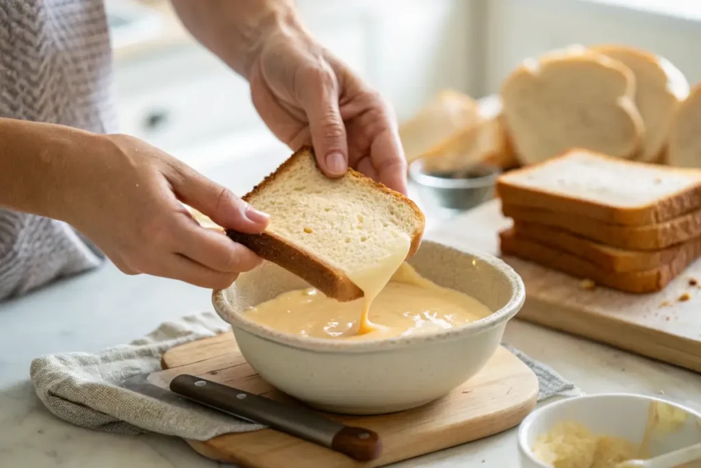 Bread being dipped into French toast batter in a kitchen