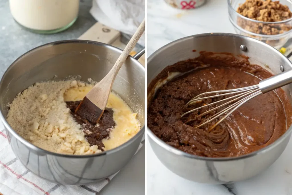  Cooking German chocolate frosting in a saucepan with a whisk.