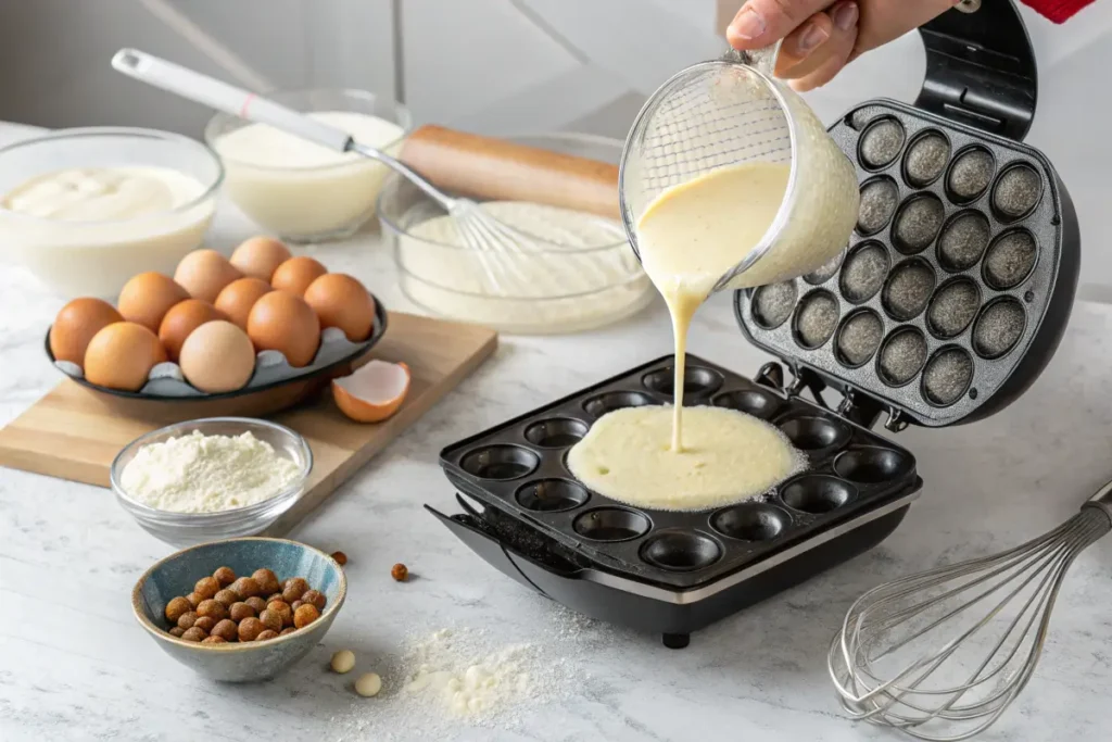  Step-by-step guide to pouring batter into a bubble waffle maker.